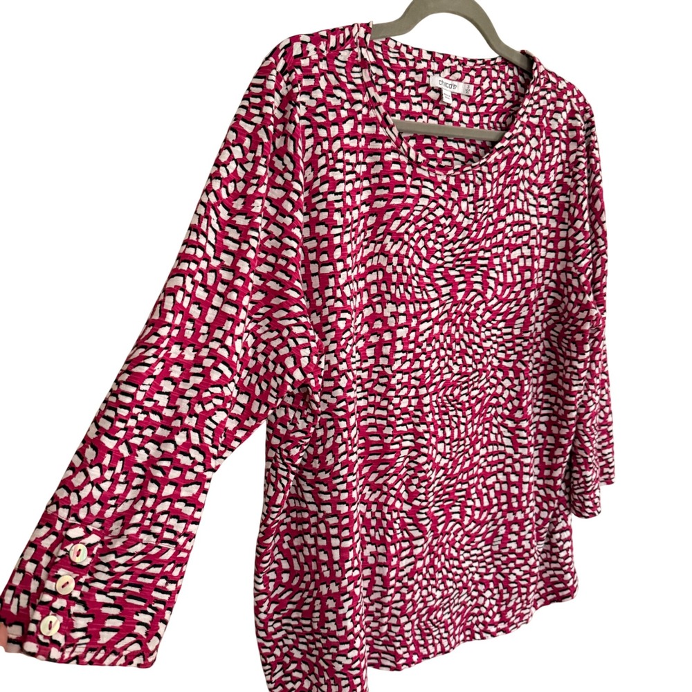 Chicos Pink White Abstract Geometric Print 3/4 Sleeve Top XL 3 Office Casual
